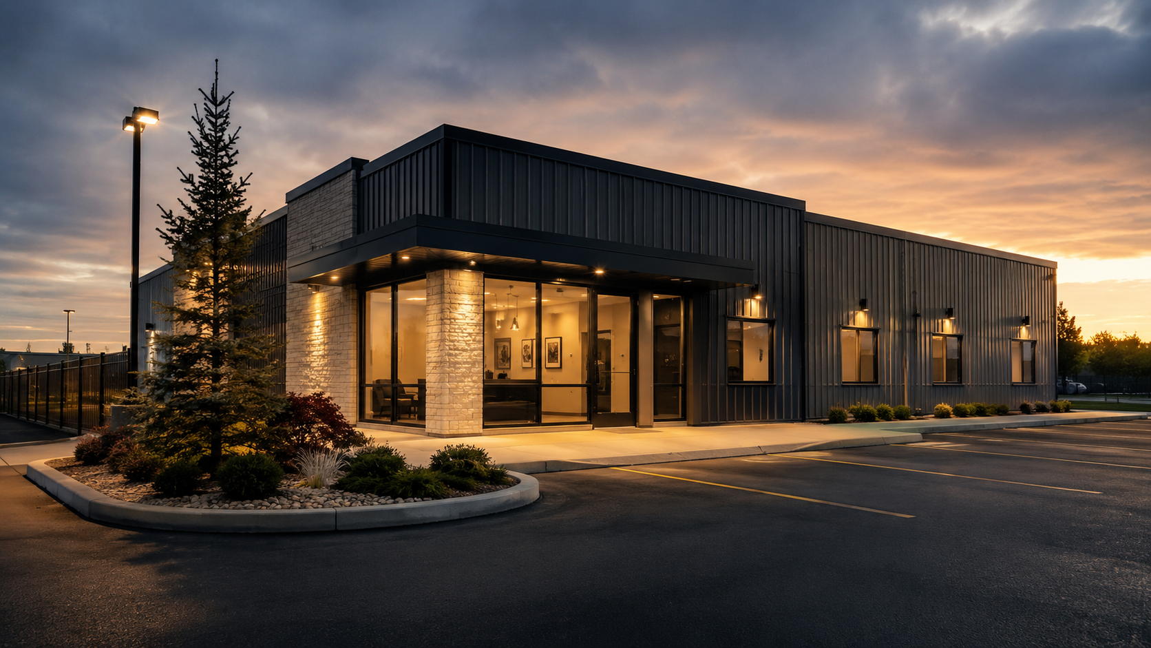 Small commercial property exterior at dusk.