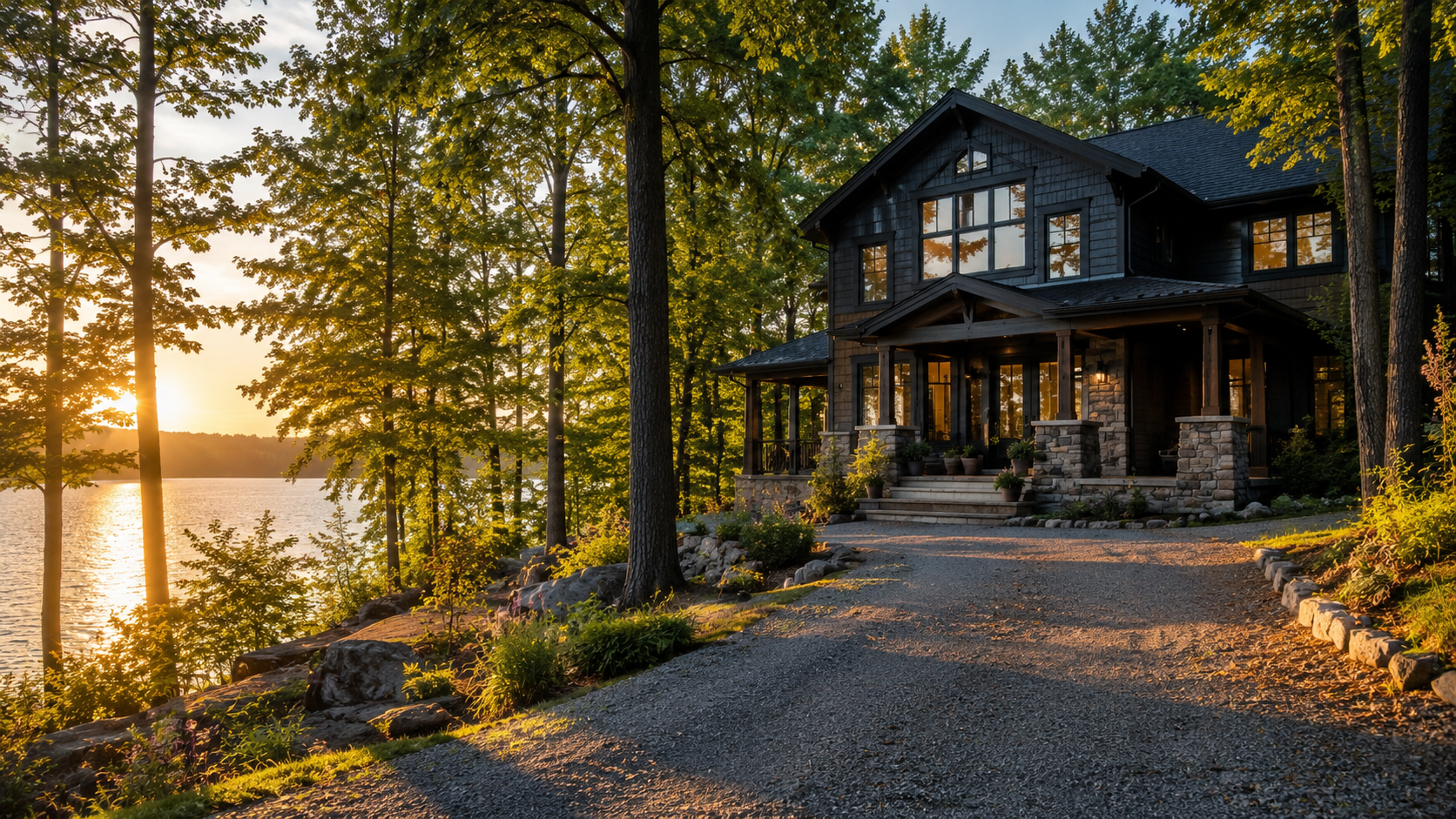 Seasonal lakeside cottage property exterior.