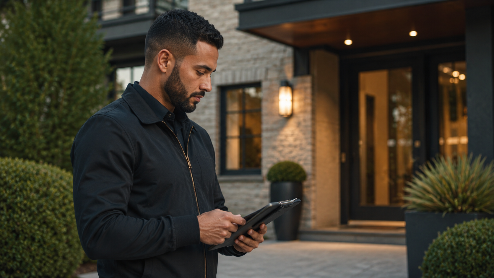 Professional staff member completing a property check outside a home.
